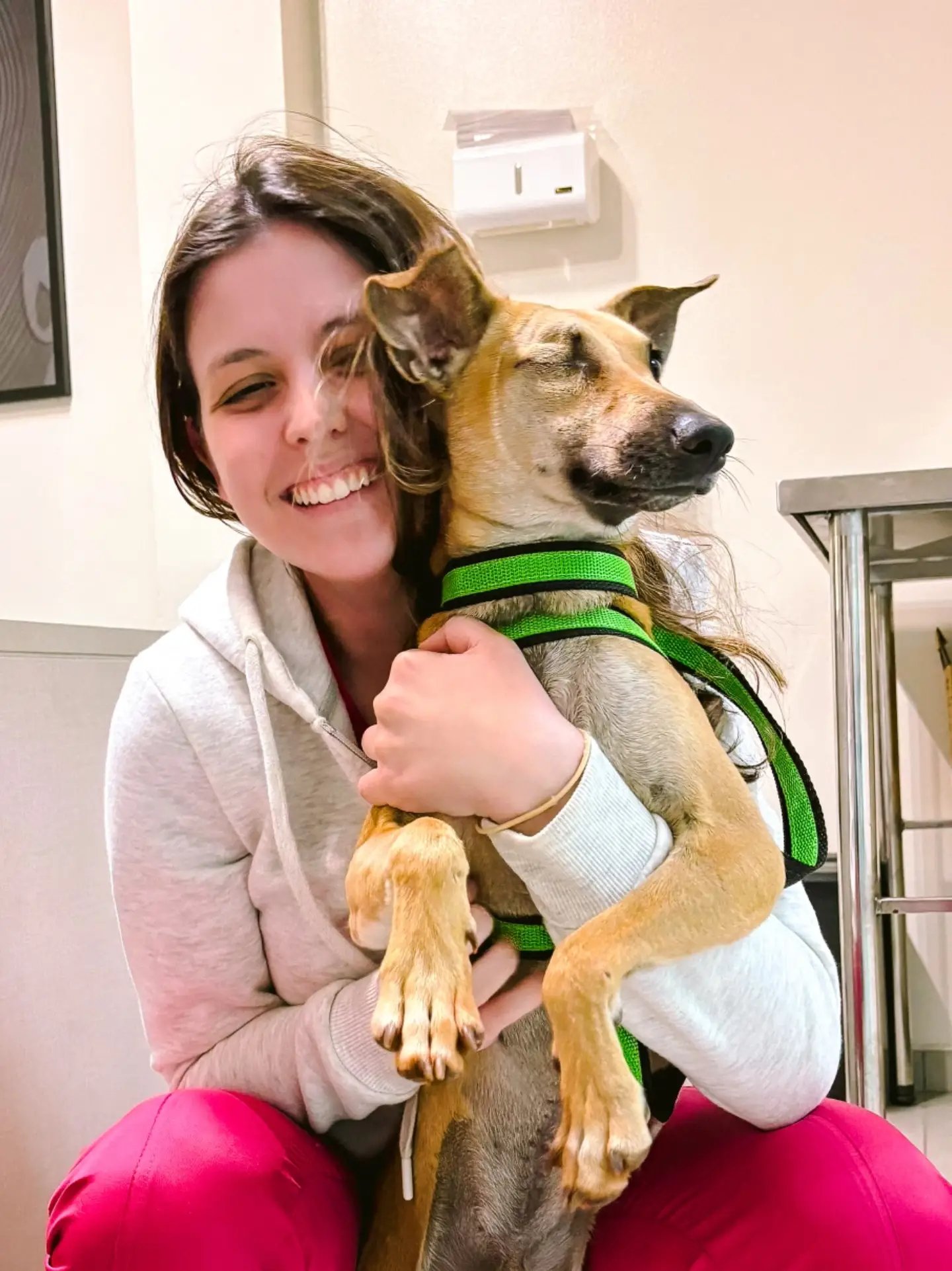 Tutora abraçando seu cachorro durante o atendimento